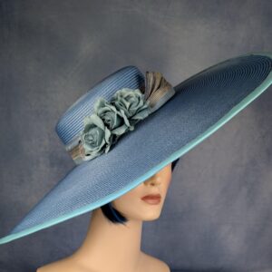 Elegante handgemaakte blauwe Pamela-hoed met abaca-zijde, bruiloftshoed, zomerse fascinator voor bruiloftsgasten